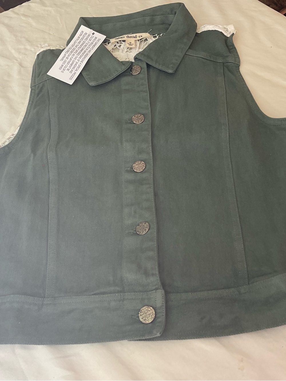 9-2026-Indigo Women's Dark Green Button-Front Vest vest w/lace